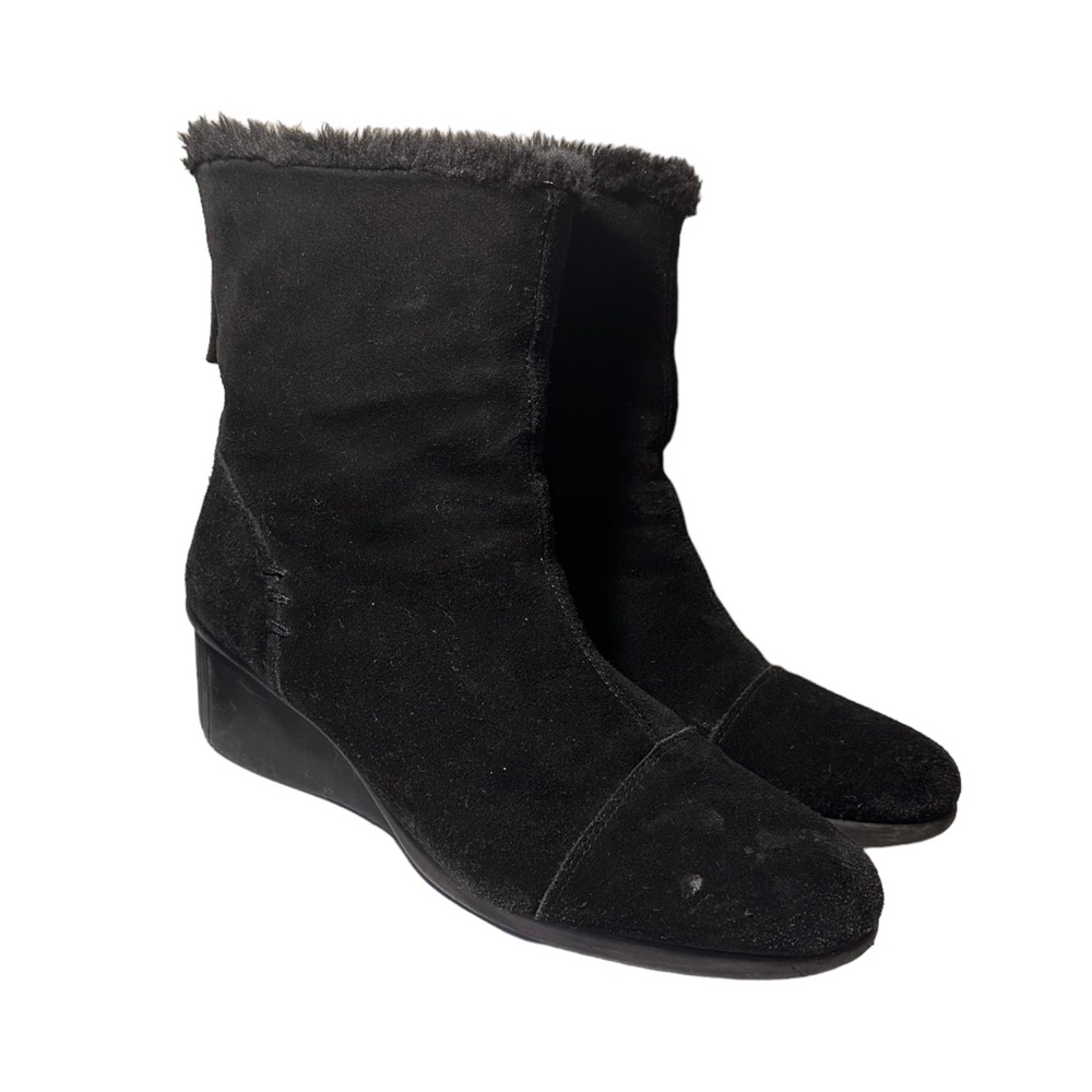 Aerosoles Women's Sz 11 Suede Mid Calf Boots Black Wedge Faux Fur Lined Zip Back